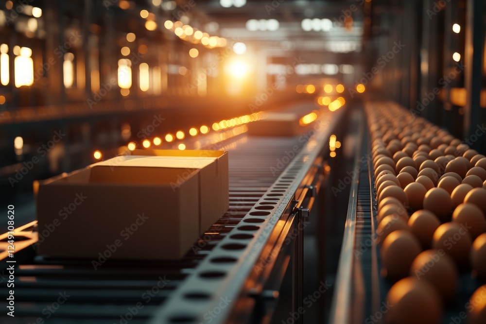 Poster eggs and boxes moving on a conveyor belt in a factory setting