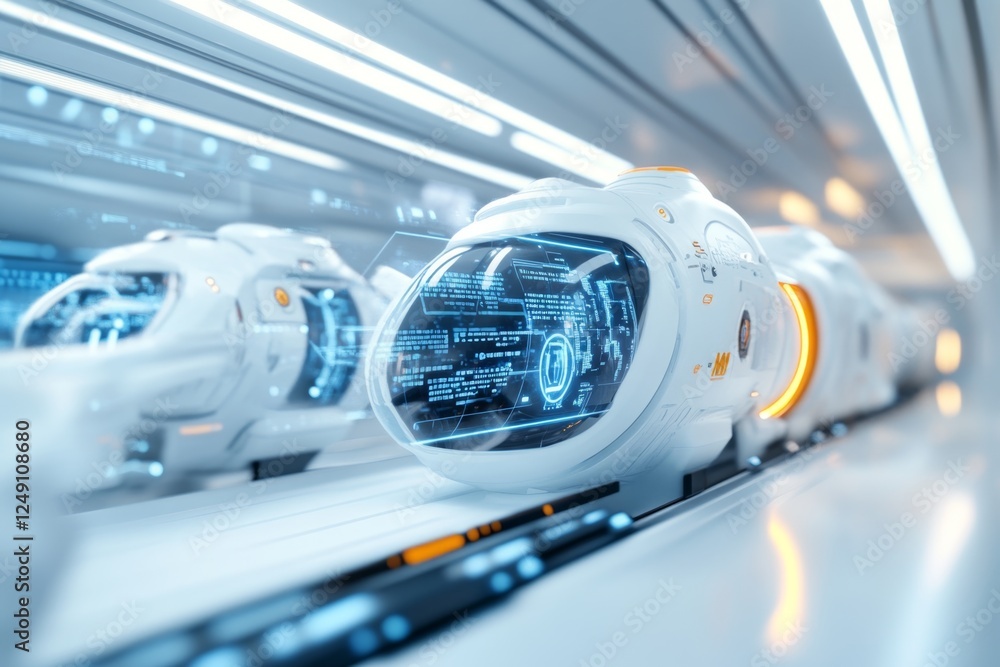 Poster a high-tech futuristic research facility where ai instantly retrieves reference materials from a hol