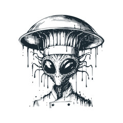 Alien chef hat frying pan upside down. Black white vector illustration.