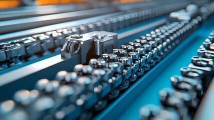 Fototapeta premium A close-up view of metallic chains and gears, showcasing precision engineering and industrial design in a vibrant setting.