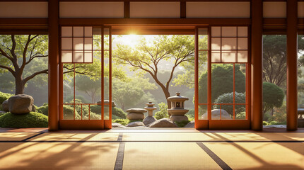 Fototapeta premium Traditional Japanese Room with Tatami Mats and View of Zen Garden