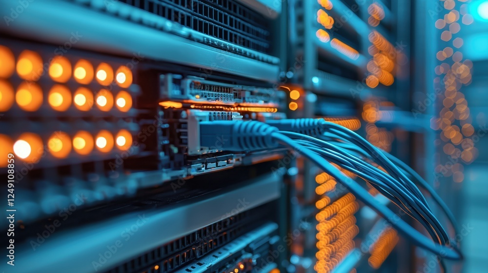 Poster close-up view of network server with blinking lights and cables showing advanced technology infrastr