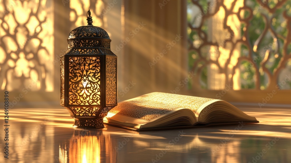 Wall mural Serene Ramadan: Illuminated Lantern and Holy Book in Golden Light