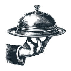 Left hand carries food offerings. Black white vector illustration.