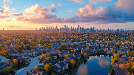 Panoramic sunset view of a city skyline with suburban houses and a lake reflecting the sky.