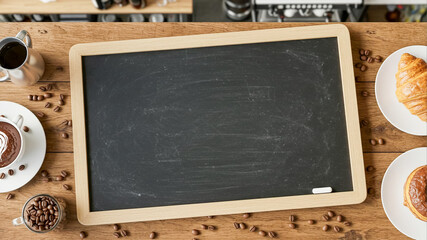 Blank Chalkboard with Coffee and Pastries on Wooden Table