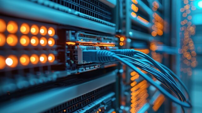 Close-Up View of Network Server with Blinking Lights and Cables Showing Advanced Technology Infrastructure in Data Center