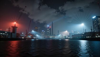 Fototapeta premium Eerie factory illuminated by city lights at night, industrial atmosphere