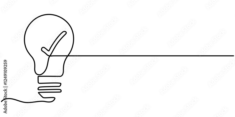Poster light bulb with correct mark verify continuous one line drawing, light bulb continuous line icon for
