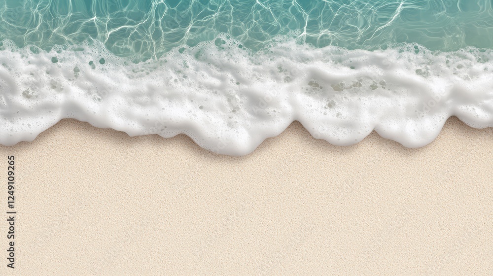 Poster soft white sea foam gently laps the shore of a pristine sandy beach, creating a tranquil and invitin