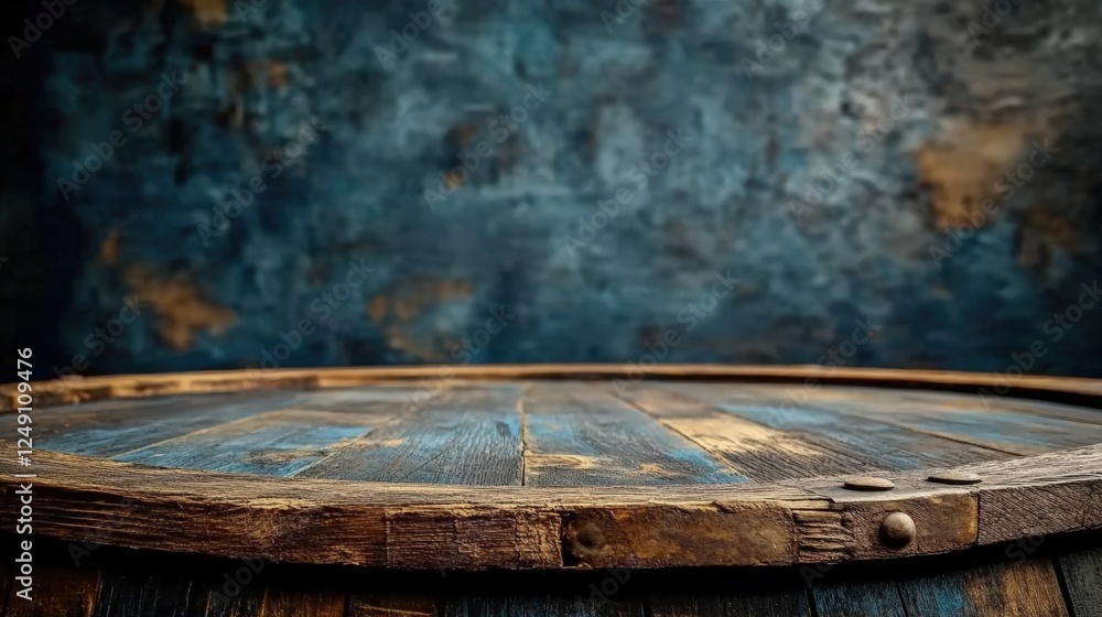 Poster rustic wooden table against textured blue background, capturing elegance in simplicity with deep gra