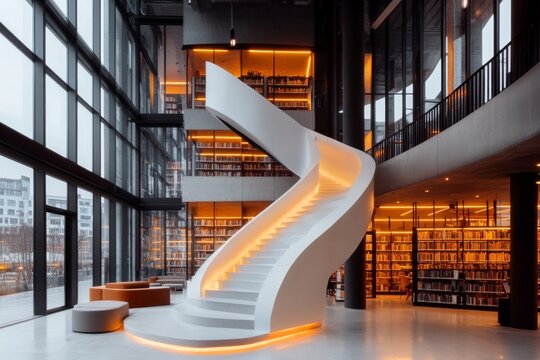 A large public library with reading areas, study desks, and a peaceful atmosphere filled with knowledge seekers