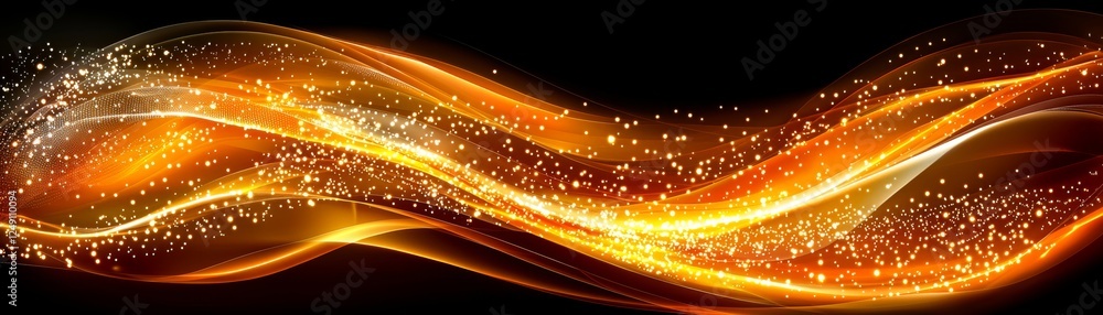 Poster a luminous wave of golden and orange light swirls gracefully against a dark background, creating a d