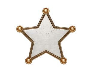 A classic blank badge in the shape of a five-pointed star isolated on a white and transparent background.