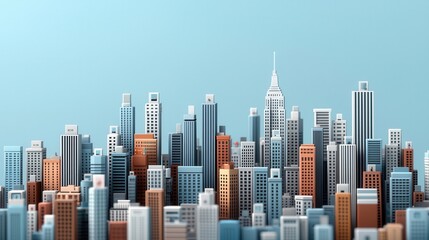 Obraz premium A vibrant city skyline featuring a variety of tall buildings, blending modern architecture with classic styles against a clear blue sky.