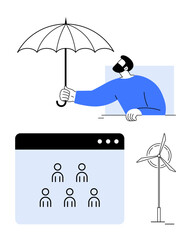 Hand holding umbrella, browser window with group icons, wind turbine symbolizing protection, teamwork, and sustainability. Ideal for insurance, community, clean energy, tech safety eco-design