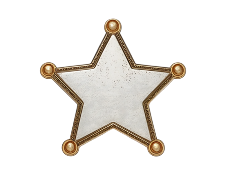 A classic blank badge in the shape of a five-pointed star isolated on a white and transparent background.