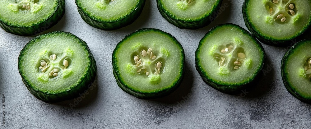 Poster closeup of sliced cucumbers on textured surface