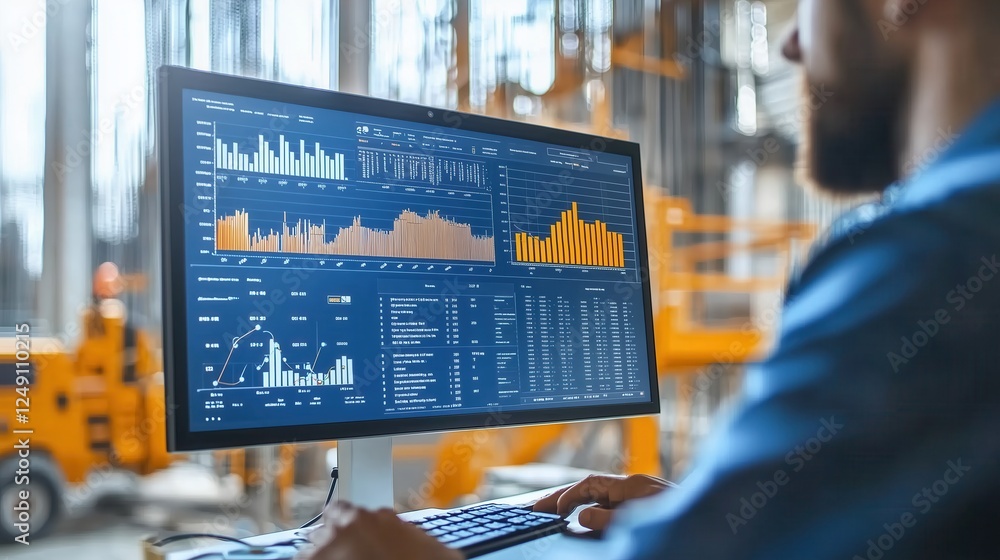 Poster professional man analyzing data on computer screen in industrial setting with graphs, charts, and st
