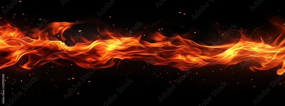 Poster bright and dynamic flame texture on black background with sparkles for special effects and graphic d