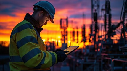Industrial Worker in Safety Gear Using Tablet Device at Power Station During Sunset with Vibrant Sky and Electrical Infrastructure in Background