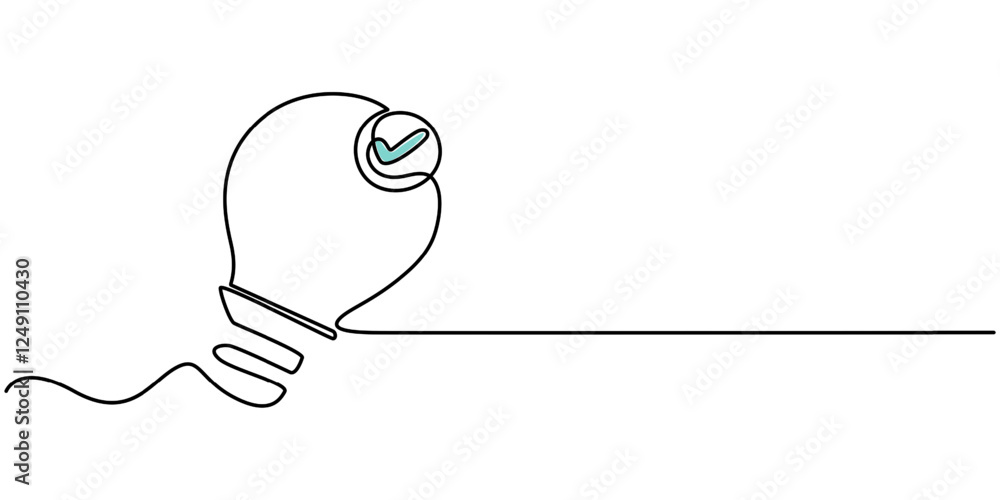 Poster light bulb with correct mark verify continuous one line drawing, light bulb continuous line icon for