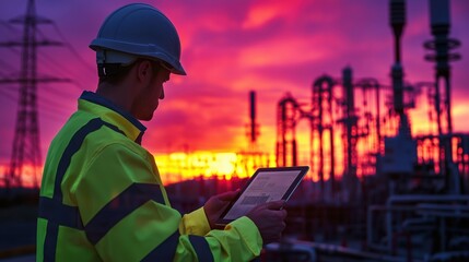 Engineer in Safety Gear Using Tablet at Sunset in Power Plant with Silhouettes of High Voltage Equipment and Energy Infrastructure in Background