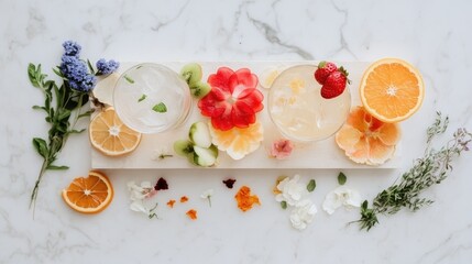 Colorful refreshing drinks with citrus and floral decorations on marble surface