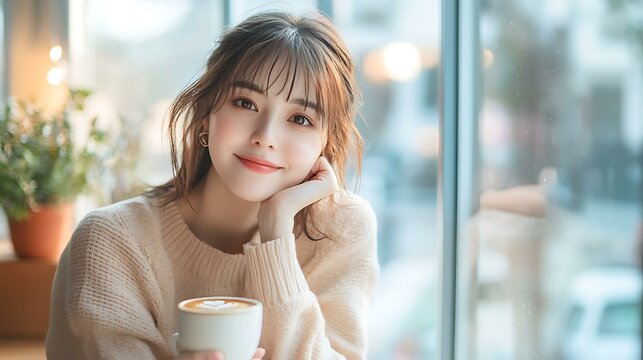 Professional woman enjoying a latte while seated at a caf&Atilde;&copy; counter near the window