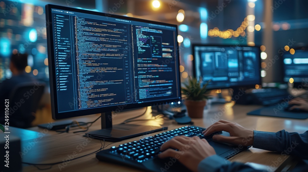 Poster Hands Typing on Keyboard in Modern Office Setting with Computer Screens Displaying Code and Soft Ambient Lighting at Night