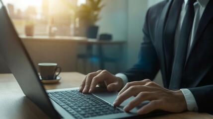 A professional individual types on a laptop in a well-lit office, exuding focus and productivity.