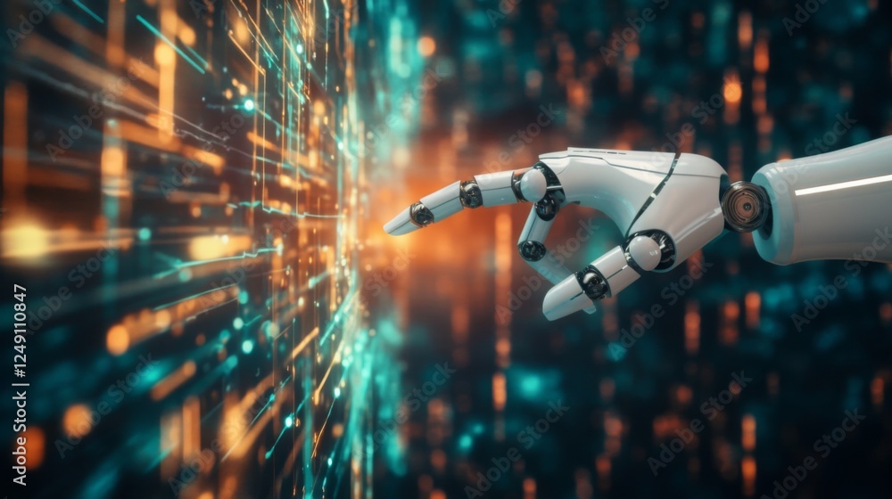 Poster a robotic hand reaches towards a glowing digital interface, symbolizing the connection between techn