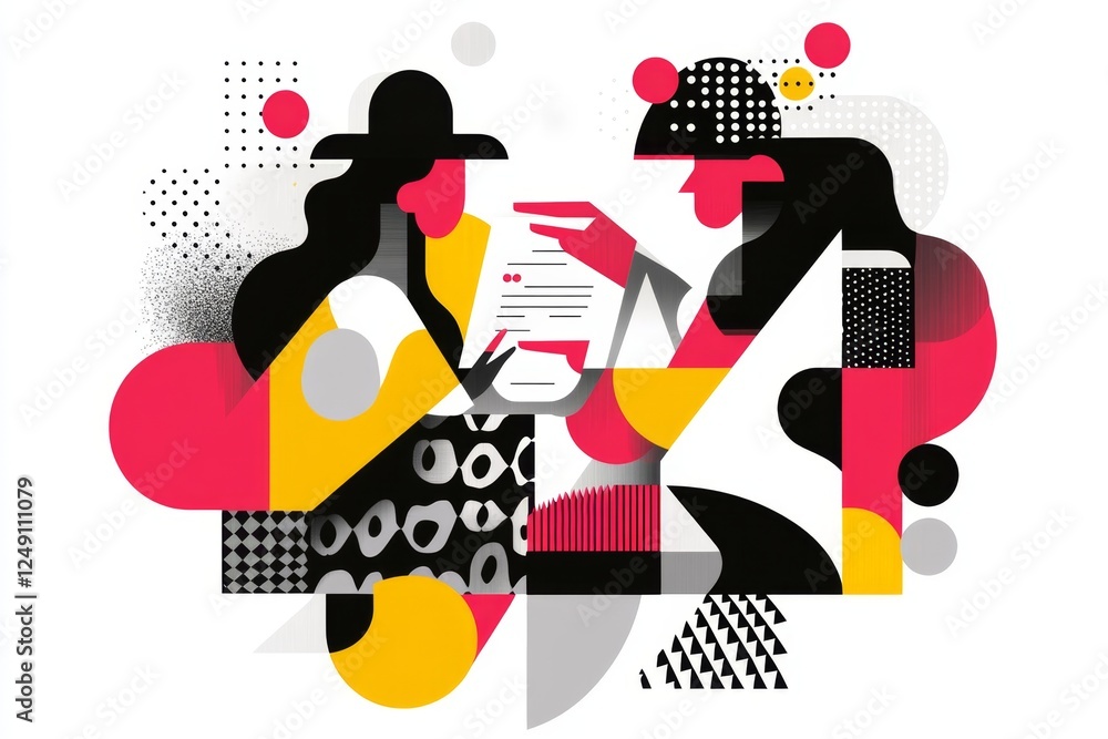 Poster a minimalist representation of a teacher handing a worksheet to a student, using simple geometric sh