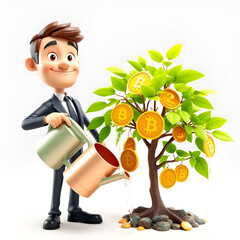 "Cartoon Businessman Watering a Bitcoin Money Tree – 3D Financial Growth Concept"