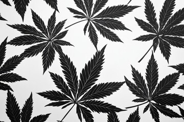 Black cannabis leaves create a striking pattern on a white backdrop
