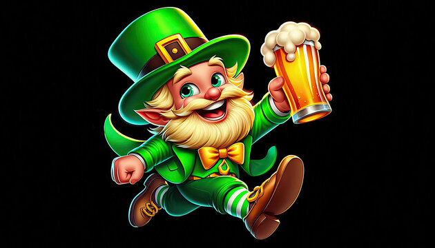 cartoon running leprechaun with a glass of yellow beer