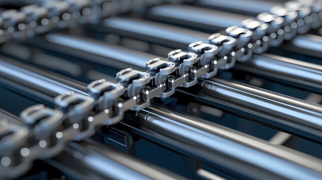 A close-up view of interconnected metallic links arranged in parallel, showcasing a robust and industrial design with a focus on texture and detail.