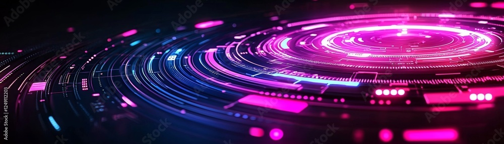 Poster a vibrant digital design featuring concentric circles of glowing pink and blue lights, creating a fu