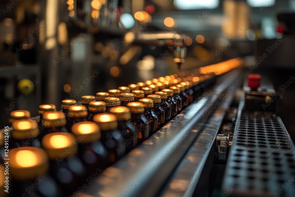 Poster bottles with golden caps moving on a conveyor in a factory setting