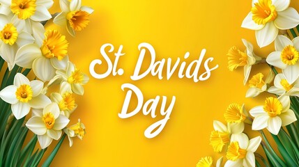 St. David's Day celebration with bright yellow and white daffodils framing elegant typography on a golden background