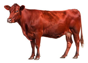 Side view of red cow standing isolated and generated with AI in png file format