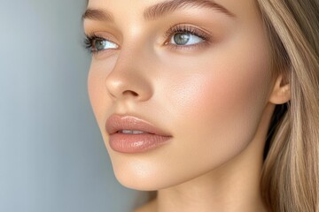 Fototapeta premium Woman gazing thoughtfully with natural makeup and glowing skin
