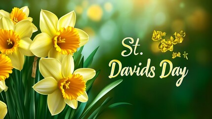 St. David's Day celebration with bright yellow daffodils and elegant typography on a green bokeh background