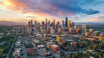 Fototapeta premium Aerial view of a city skyline at sunset, showcasing skyscrapers, residential areas, and mountain backdrop.