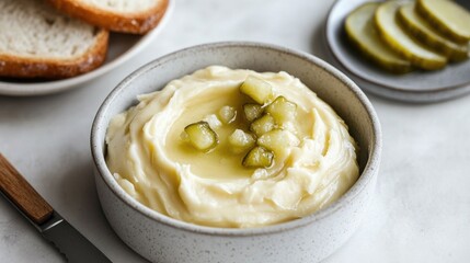 Creamy mashed potatoes with pickles in grey ceramic bowl on white background. Pickle Food