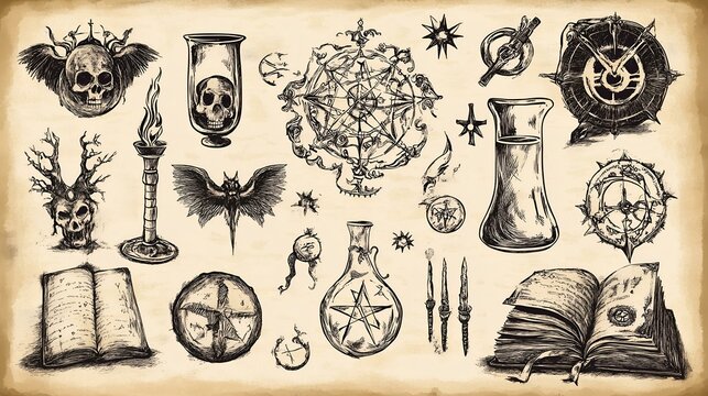 Mystical occult symbols with alchemy books, potion bottles, pentagrams, and gothic skull illustrations on aged parchment