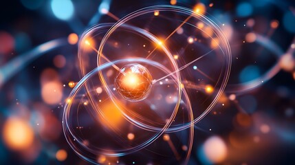 Futuristic glowing atom model with orbiting electrons and energy particles in a quantum physics concept