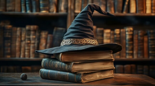 Ancient wizard hat resting on old spellbooks in a mystical library filled with magical knowledge and secrets