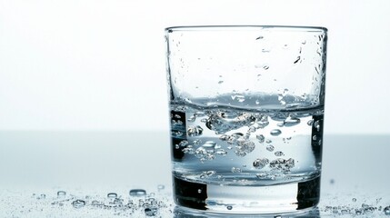 The clarity of liquid fills a transparent glass, with bubbles rising to the surface, reflecting light beautifully against a clean, white background. This elegant contrast highlights freshness