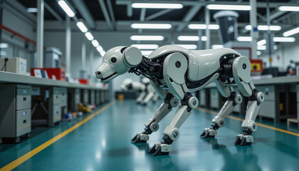 Cybernetic dog in futuristic factory, innovation and technology
